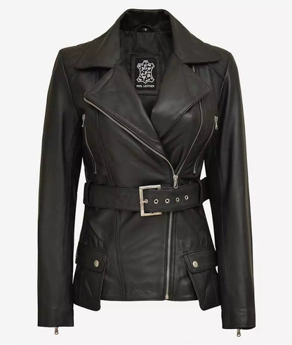 Women's Black Belted Moto Leather Jacket image 0