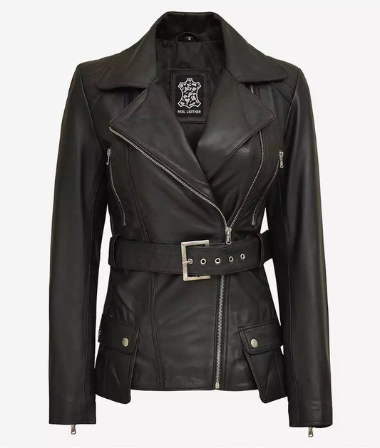 Women's Black Belted Moto Leather Jacket image 0