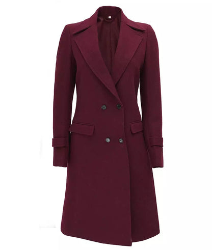 Women's Maroon Double Breasted Long Wool Coat – Winter Wrap Coat image 1