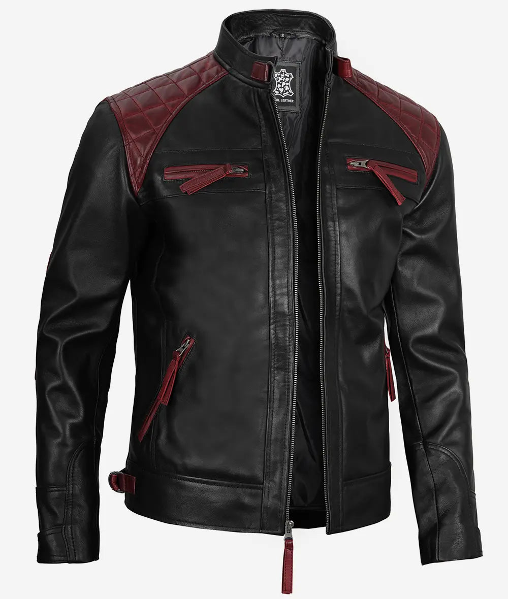 Men's Maroon and Black Biker Leather Jacket image 1