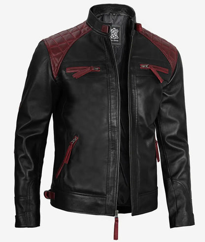 Men's Maroon and Black Biker Leather Jacket image 1