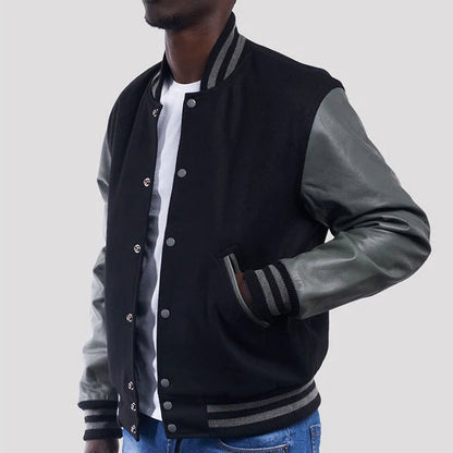 Black Wool Varsity Jacket with Grey Leather Sleeves image 1
