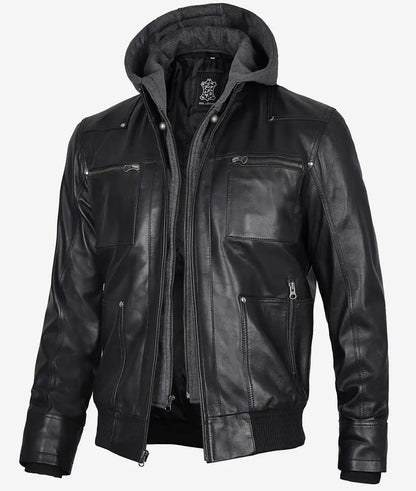 Men's Black Leather Bomber Jacket with Removable Hood image 0