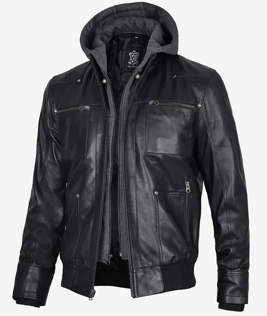 Men's Black Leather Bomber Jacket with Removable Hood image 0