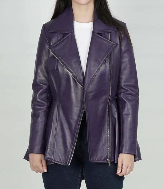 Women's Purple Asymmetrical Peplum Leather Jacket image 0