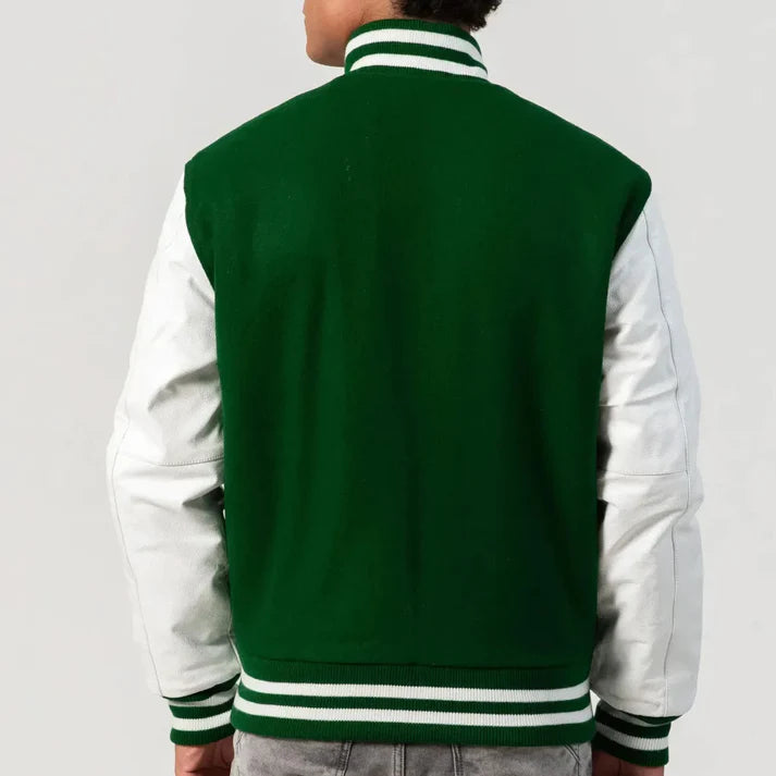 Men's Kelly Green & White Leather Sleeves Wool Varsity Jacket image 1