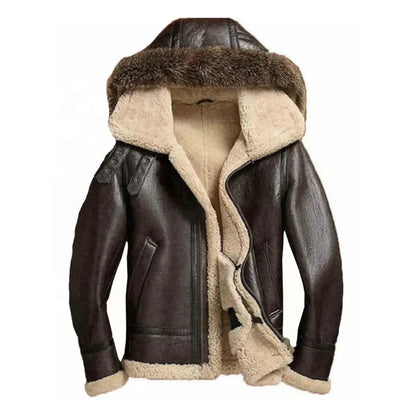 Men's Faux Shearling Fur Brown Leather Jacket image 0