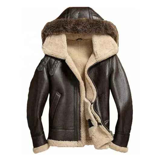 Men's Faux Shearling Fur Brown Leather Jacket image 0