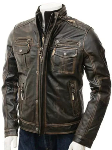 Men's Vintage Distressed Faded Seams Cafe Racer Genuine Leather Jacket image 0