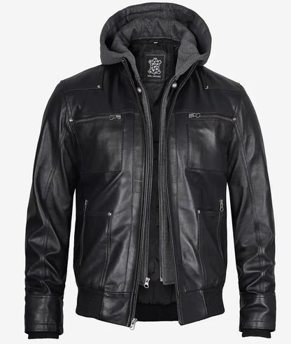 Men's Black Leather Bomber Jacket with Removable Hood image 1