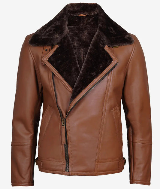 Men's Cognac Leather Shearling Moto Jacket image 0