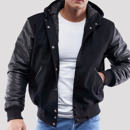 Black Wool Varsity Hoodie Jacket with Black Leather Sleeves image 0