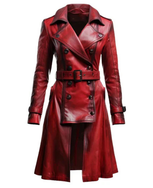 Women's Red Vire Long Leather Coat image 0