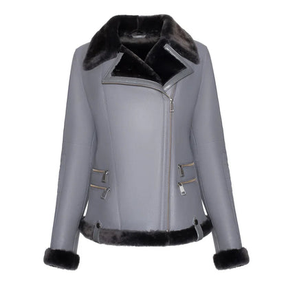 Women's Grey Merino Shearling Black Fur Leather Jacket image 0