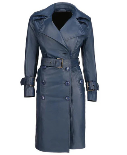 Women's Blue Double-Breasted Leather Coat image 0