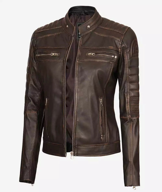 Women's Brown Distressed Motorcycle Leather Jacket image 0