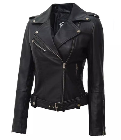Margaret Women's Asymmetrical Black Belted Biker Leather Jacket image 0