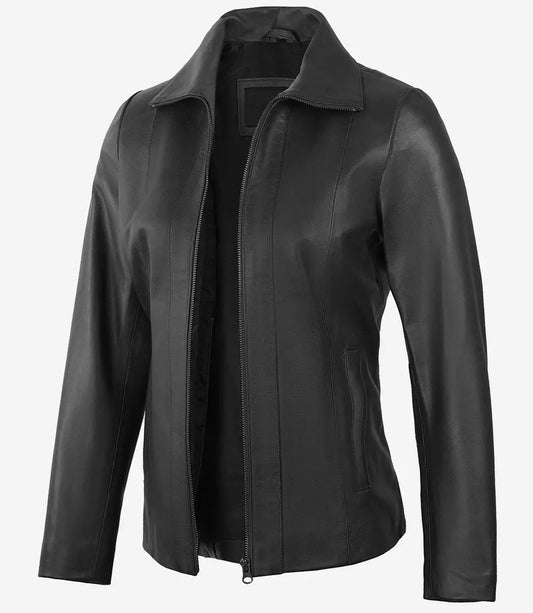 Women's Black Zipper Closure Lambskin Leather Coat image 0