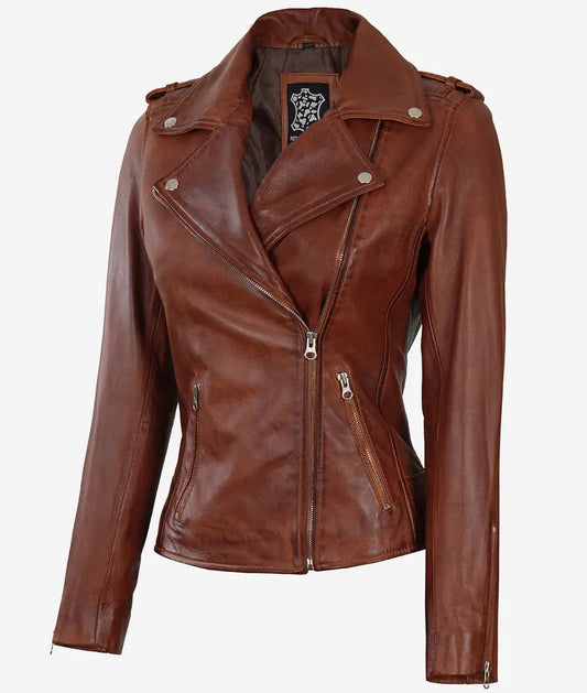 Women's Asymmetrical Cognac Distressed Moto Leather Jacket image 0