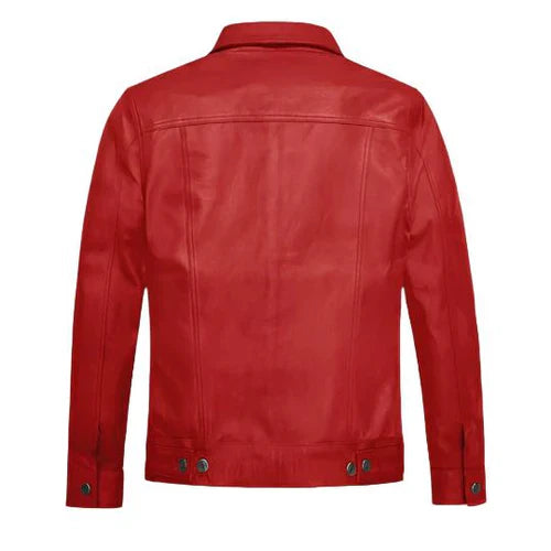Men's Faux Trucker Red Leather Jacket image 1