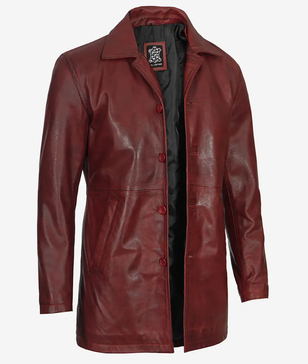 Men's Maroon Real Leather 3/4 Length Coat image 1