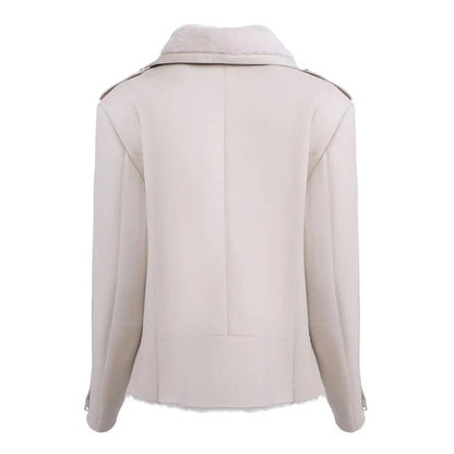Women's White Shearling Straight Moto Leather Jacket image 1