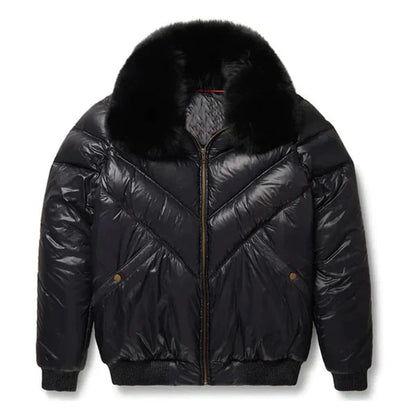 Men's V-Bomber Faux Shearling Black Leather Jacket image 0
