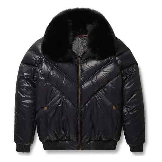 Men's V-Bomber Faux Shearling Black Leather Jacket image 0