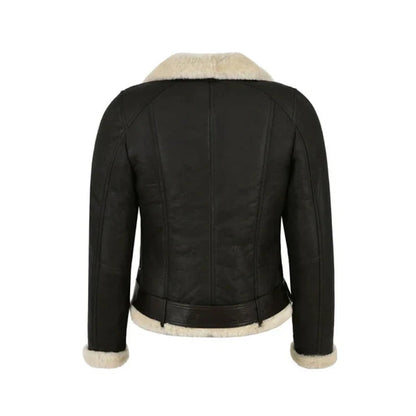 Women Black Genuine Faux Shearling Biker Leather Jacket image 1