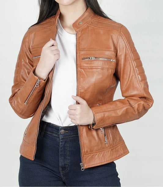 Women's Tan Cafe Racer Leather Jacket image 0