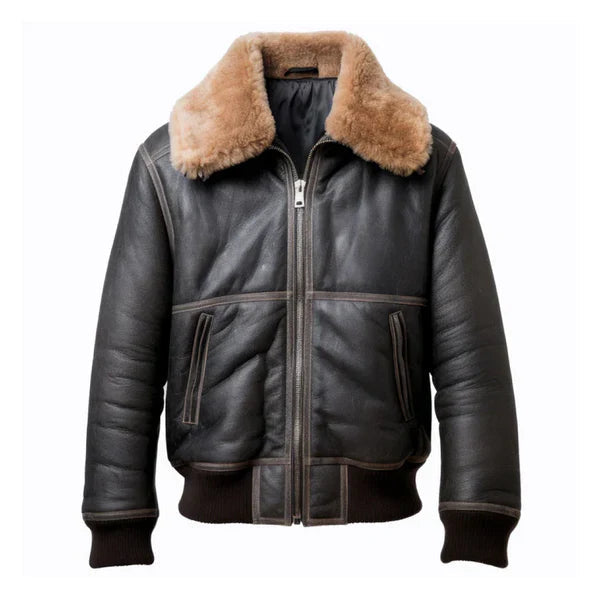 Men's Aviation Side Pockets Faux Shearling Black Bomber Jacket image 0