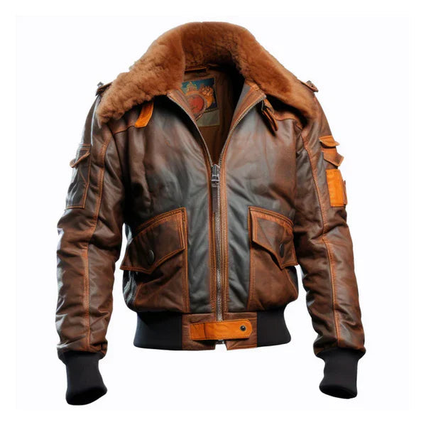 Men's Flight Faux Shearling Lapel Bomber Brown Leather Jacket image 0