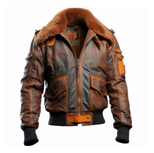 Men's Flight Faux Shearling Lapel Bomber Brown Leather Jacket image 0