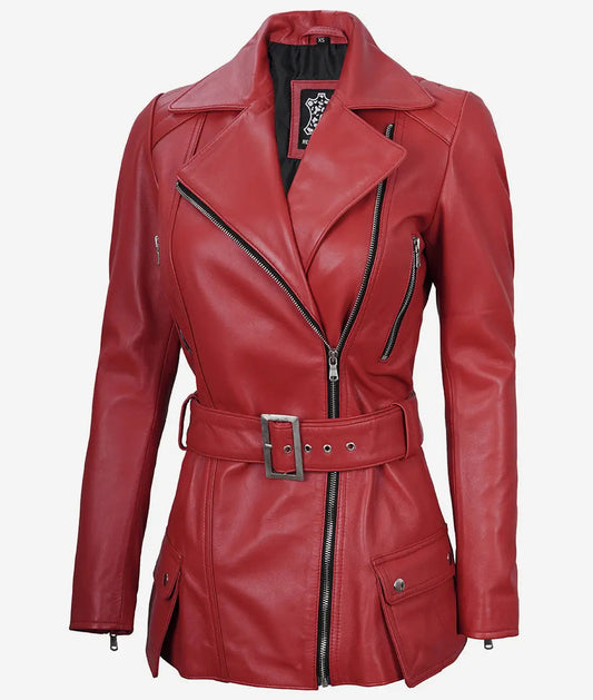 Women's Red Belted Motorcycle Leather Jacket image 0