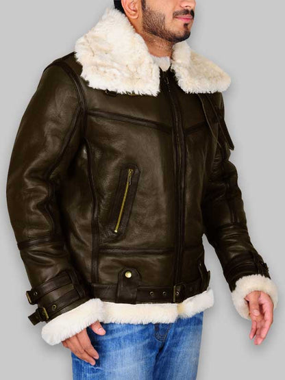 WWII B3 Bomber Men Army Green Shearling Jacket image 2
