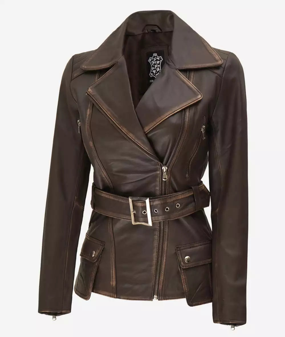 Women's Asymmetrical Rub Off Dark Brown Leather Belted Jacket image 0