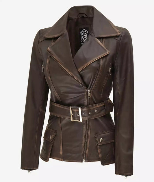 Women's Asymmetrical Rub Off Dark Brown Leather Belted Jacket image 0