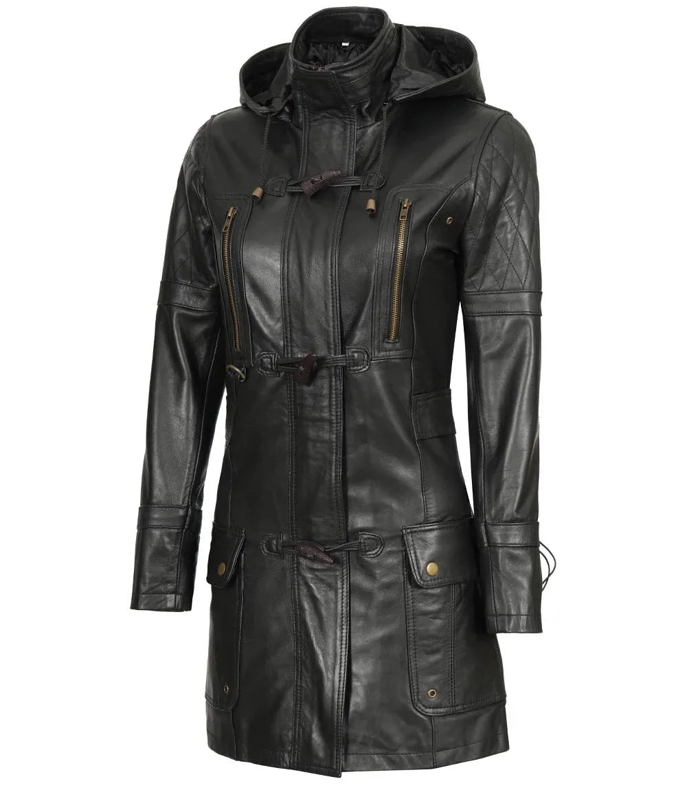 Women's Black 3/4 Length Leather Hooded Coat image 1