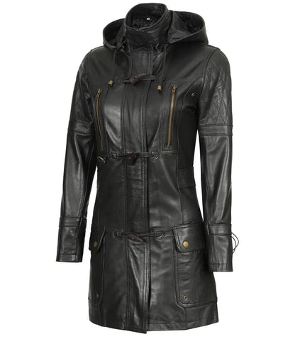 Women's Black 3/4 Length Leather Hooded Coat image 1