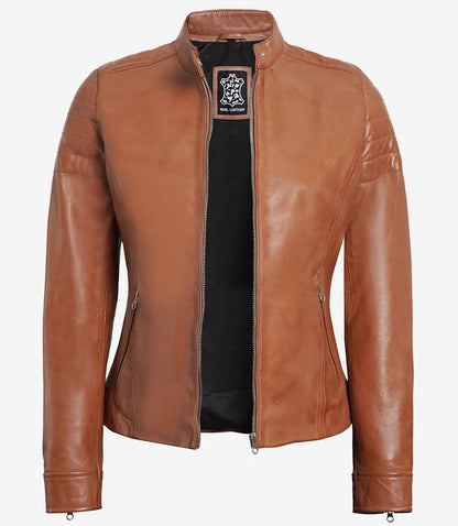 Women's Tan Real Lambskin Biker Leather Jacket image 1