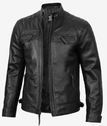 Men's Black Leather Quilted Cafe Racer Jacket image 0
