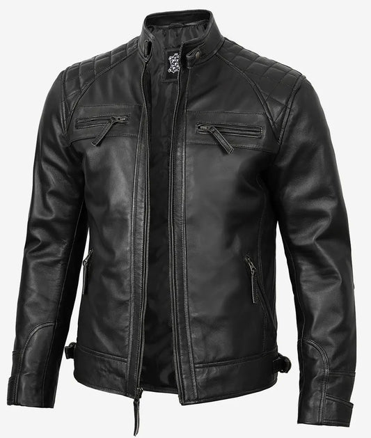 Men's Black Leather Quilted Cafe Racer Jacket image 0