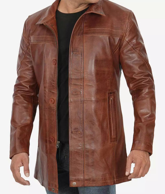 Men's Cognac Lambskin Real Leather Car Coat image 0