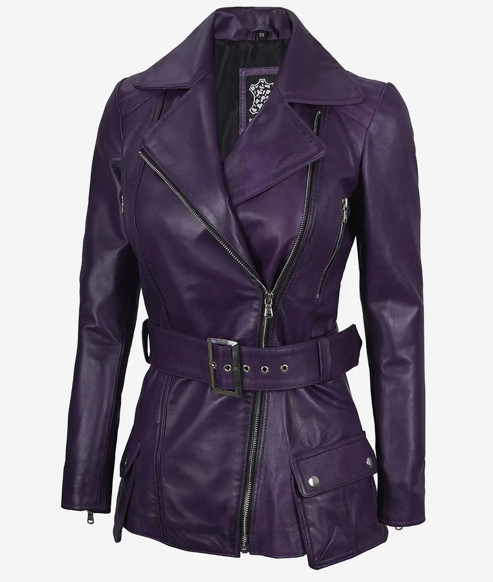 Women's Purple Asymmetrical Belted Moto Leather Jacket image 0