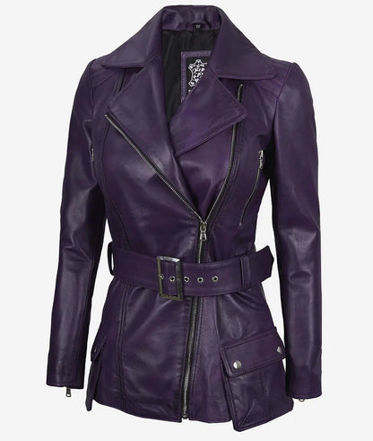 Women's Purple Asymmetrical Belted Moto Leather Jacket image 0