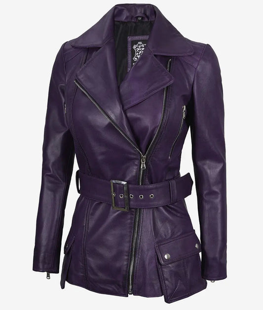 Women's Purple Asymmetrical Belted Moto Leather Jacket image 0