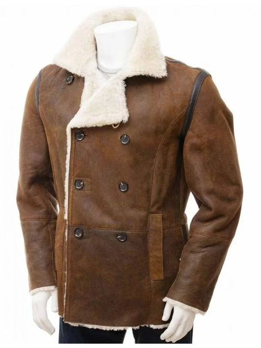 Mens Tan Sheepskin Shearling PeaCoat image 0