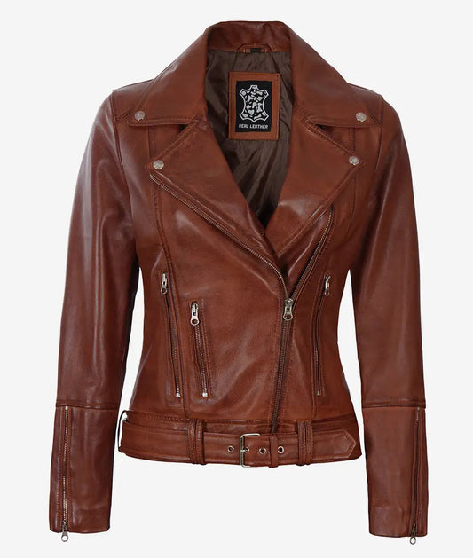 Women's Cognac Asymmetrical Leather Jacket  Belted Waist image 0