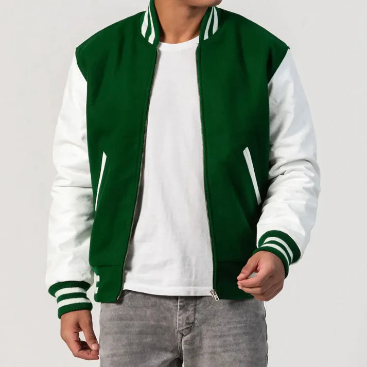 Men's Kelly Green & White Leather Sleeves Wool Varsity Jacket image 0