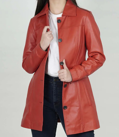 Women's Red Real Leather Coat image 1
